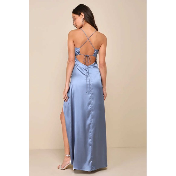 Lulu's Satin Slip Maxi Dress in Dusty Blue - Picture 3 of 5
